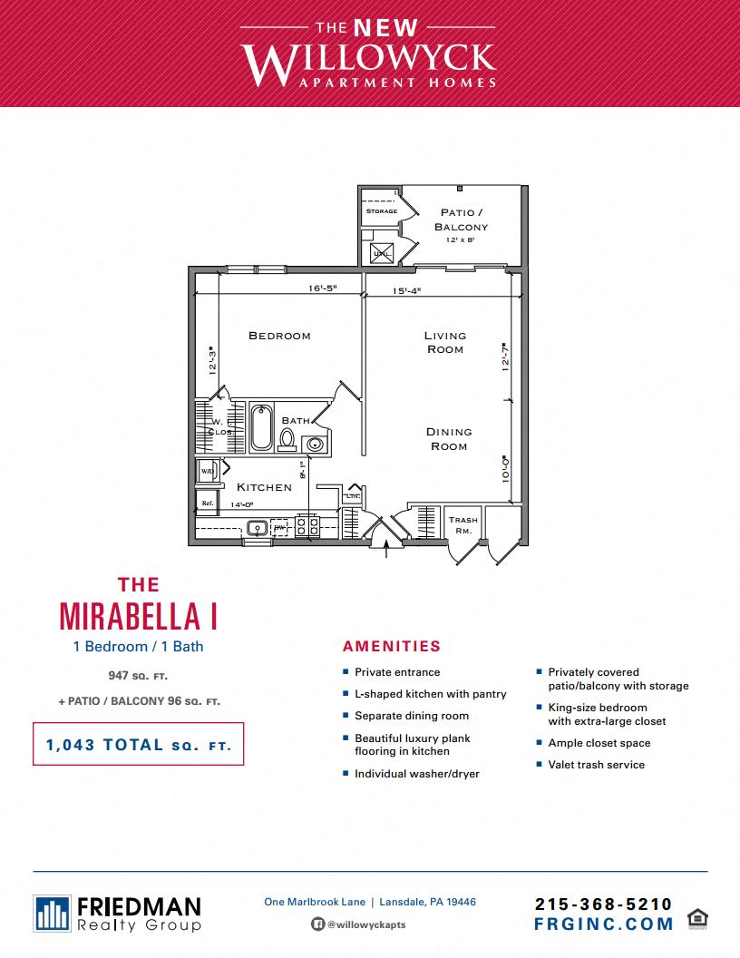 Floor plan for 1 bed, 1 bath, 947 sqft